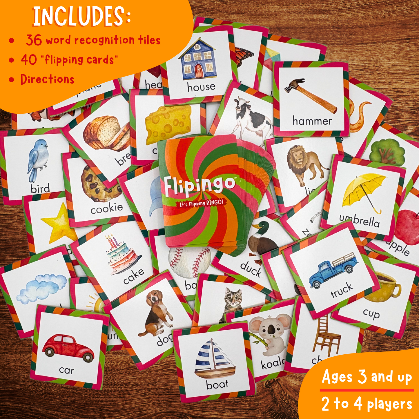 Board Game (Ages 3+) FLIPINGO Word recognition bingo game
