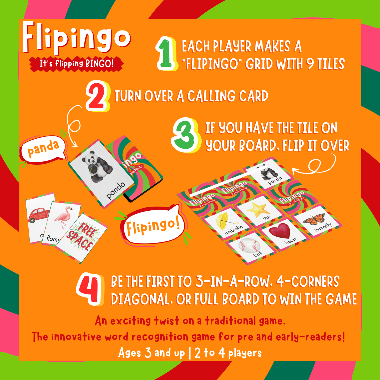 Board Game (Ages 3+) FLIPINGO Word recognition bingo game